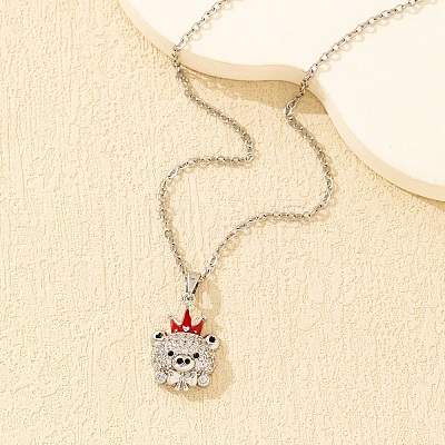 Brass Micro Pave Clear Cubic Zirconia and Enamel Bear with Red Crown Pendant Necklaces for Women WGF3CC5-02-1