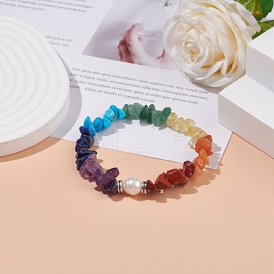 Mixed Gemstone Chips Beaded Stretch Bracelet with Natural Pearl BJEW-JB08166-01-1