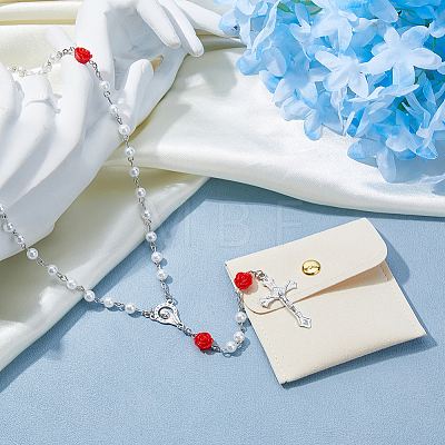 Imitaiton Round Pearl with Resin Flower Rosary Bead Necklaces NJEW-DC0001-24-1