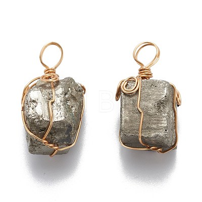 Cuboid Brass Natural Pyrite Pendants G-N0145-10-1