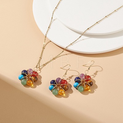 Natural & Synthetic Mixed Gemstones Flower Dangle Earrings and Pendant Necklace SJEW-JS01259-1