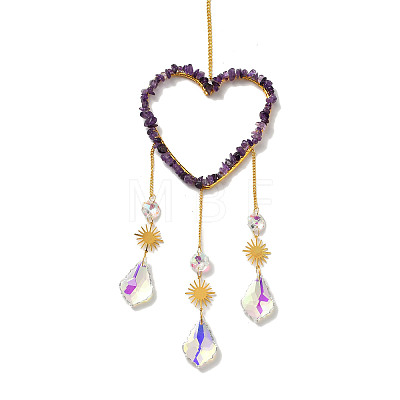Heart Natural Amethyst Chips Hanging Ornaments HJEW-G024-01D-1