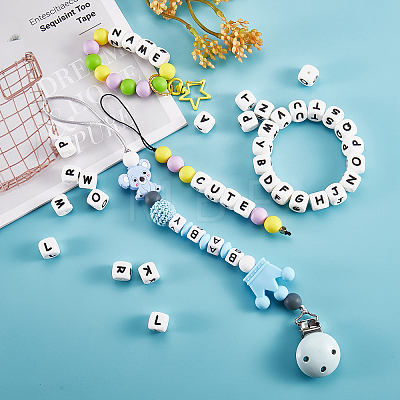 20Pcs White Cube Letter Silicone Beads 12x12x12mm Square Dice Alphabet Beads with 2mm Hole Spacer Loose Letter Beads for Bracelet Necklace Jewelry Making JX432G-1