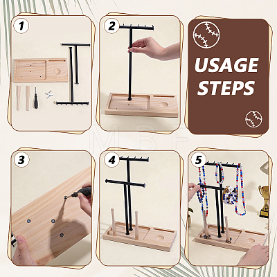 Double Black T Bar Iron Ring Organizer Holder with Wooden Trays ODIS-WH0086-230-1