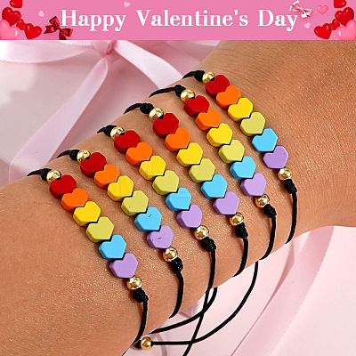 Gemstone Rainbow Heart Beaded Black Cord Adjustable Bracelet for Women YA9246-2-1