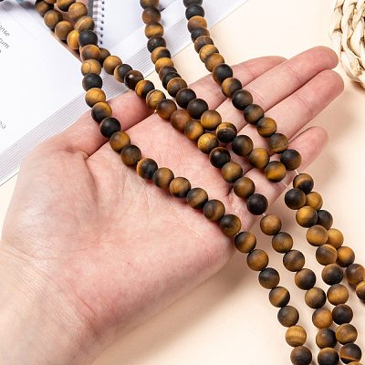 Natural Frosted Tiger Eye Round Bead Strands G-M064-8mm-02-1