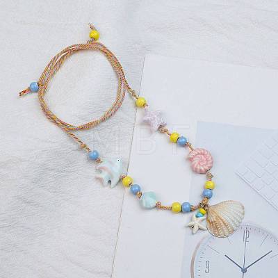 Ceramics Starfish Fish & Resin Shell Shape Pendant Adjustable Cotton Cord Necklaces for Women LS-NJEW-Z100-01A-G-1
