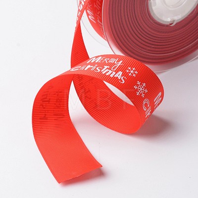 Merry Christmas with Snowflake Polyester Grosgrain Ribbon for Christmas SRIB-K002-25mm-G01-1