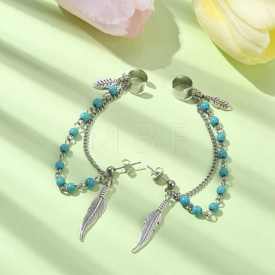 Tibetan Style Alloy Feather Stud Earrings with Ear Cuff EJEW-TA00301-1