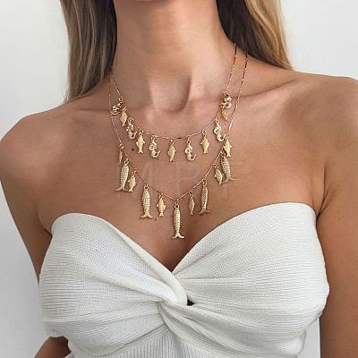 Bohemian Ocean Zinc Alloy & Iron Multiple Fish Pendant Double Layer Necklaces for Women WG627B2-01-1