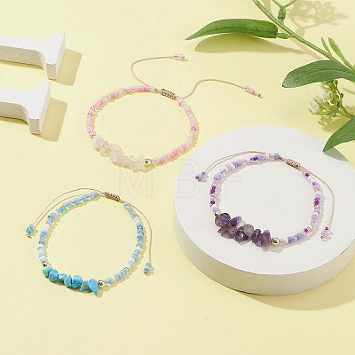 3Pcs 3 Style Natural Mixed Gemstone Chips & Glass Seed Braided Bead Bracelets Sets BJEW-JB09573-1