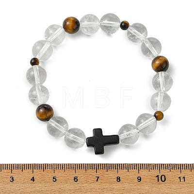 8MM Round Natural Quartz Crystal & Tiger Eye & Dyed Synthetic Turquoise Black Cross Beaded Stretch Bracelets for Women Men BJEW-TA00741-1