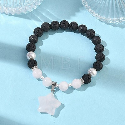 Natural Madagascar Rose Quartz & Lava Rock & Shell Pearl Charm Bracelets BJEW-JB13707-01-1