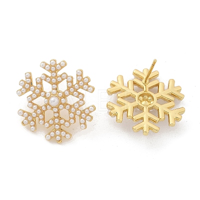 Snowflake Brass & ABS Imitation Pearl Stud Earrings EJEW-M077-03G-1