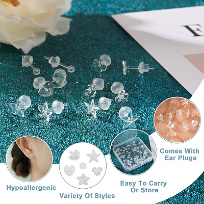 Boutigem 60 Sets 6 Style Star & Flower & Bowknot & Heart & Clover & Ball Tiny Resin Stud Earrings with Ear Nut for Women EJEW-BG0001-01-1