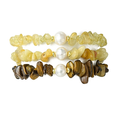 3Pcs 3 Styles Natural Mixed Gemstone Chip & Cultured Freshwater Pearl Beaded Stretch Bracelets Set for Women BJEW-JB13762-06-1
