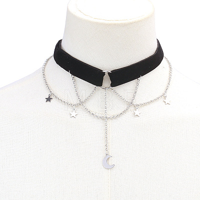 Moon Zinc Alloy Tassel Layered Black Velvet Cord Choker Necklaces FS-WG2E652-02-1