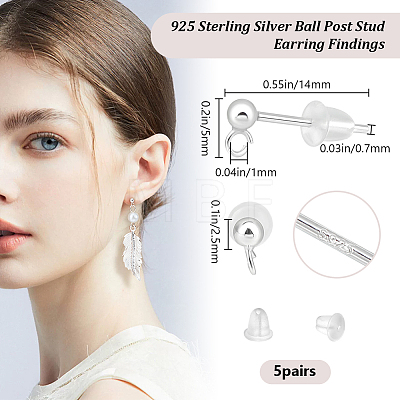 Beebeecraft 5 Pairs 925 Sterling Silver Round Ball Stud Earring Findings STER-BBC0006-26B-1