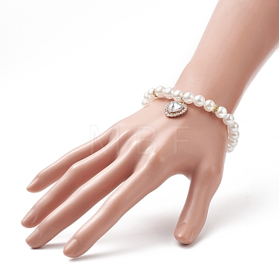 Acrylic Pearl Round Beaded Stretch Bracelet with Alloy Rhinestone Heart Charms for Women BJEW-JB09232-01-1