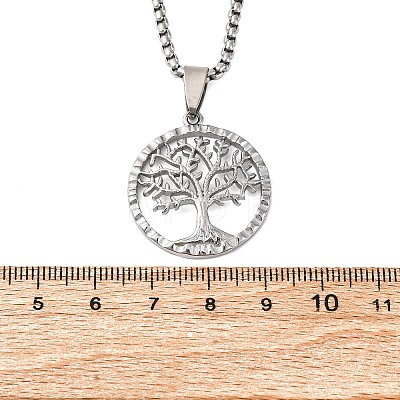 201 Stainless Steel Tree of Life Pendant Box Chain Necklaces for Men NJEW-S440-16P-1