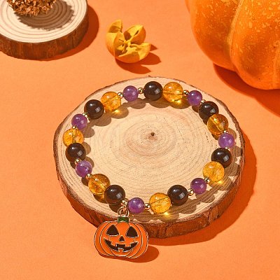 Natural Mixed Gemstone Round Beaded Stretch Bracelet with Alloy Enamel Pumpkin Charms for Halloween BJEW-TA00271-1