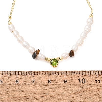 Natural Tiger Eye Chip and Rice Natural Pearl Beaded Necklaces GG-CBA3297-15G-A-1