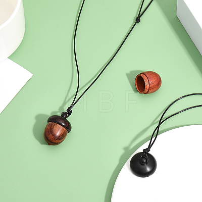 2Pcs 2 Colors Acorn Wood Locket Pendant Necklace with Wax Cords NJEW-CA0001-13-1