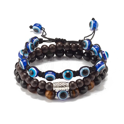 3Pcs 3 Style Natural Obsidian & Tiger Eye & Wood Stretch Bracelets Set BJEW-JB07622-1