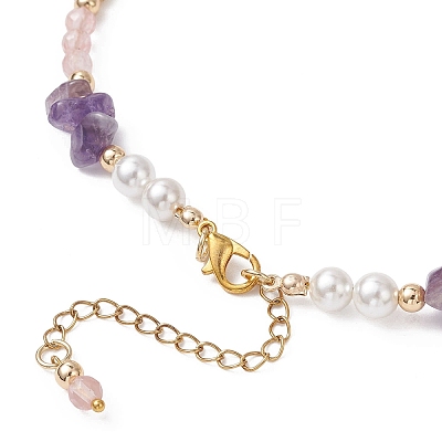 Round Cherry Quartz Glass & Natural Amethyst Chip & Rhodonite Baeded Necklaces for Women NJEW-JN05634-1