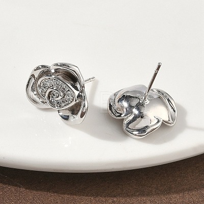 Rose Flower Brass Micro Pave Cubic Zirconia Stud Earrings EJEW-G452-08P-02-1