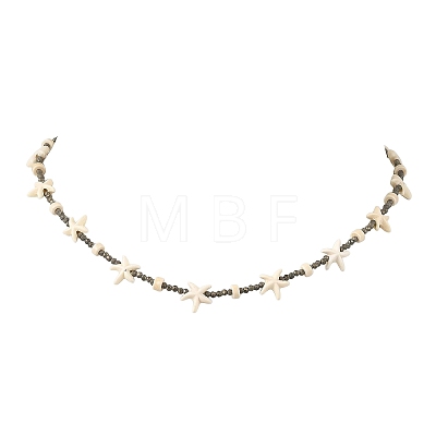 Ocean Faceted Round Natural Gold Pyrite & Synthetic Turquoise Starfish Beaded Necklaces NJEW-JN06308-1