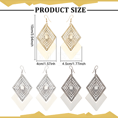 3 Pair 3 Color Alloy Rhombus Dangle Earrings for Women EJEW-FI0001-08-1