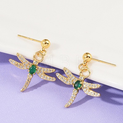 Dragonfly Brass Micro Pave Cubic Zirconia Dangle Stud Earrings EJEW-F895-15G-1