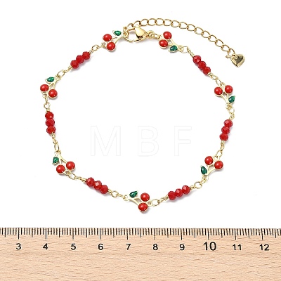 Brass Glass and Enamel Red Cherry Link Chain Anklets for Women AJEW-AN00814-1