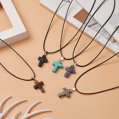 5Pcs 5 Style Natural & Synthetic Mixed Gemstone Cross Pendant Necklaces Set with Waxed Cord for Women NJEW-JN04176-1