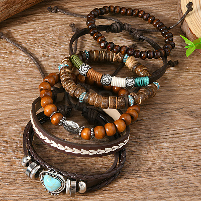 6Pcs 6 Styles Wood & Synthetic Turquoise & Alloy Beaded Stretch Bracelets & Braided Bracelets for Women BJEW-CL0001-60-1