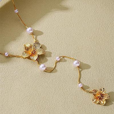 Alloy with Plastic Pearl Flower Long Tassel Y Shaped Pendant Necklaces for Women WG37FD2-01-1