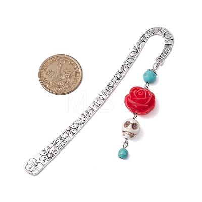 Skull Rose Resin & Synthetic Turquoise Charm Bookmarks AJEW-JK00326-1