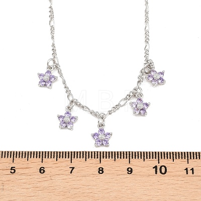 Brass Pave Lilac Cubic Zirconia Flower Pendant Figaro Chain Bib Necklaces for Women NJEW-F364-01P-1
