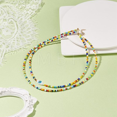 Natural Shell Horse Eye & Glass Seed Beaded Double Layer Necklace for Women NJEW-JN03932-1