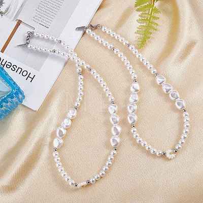 3Pcs Natural Shell & Plastic Pearl Flowers Beaded Necklaces and Stretch Bracelet Set SJEW-SW00010-02-1