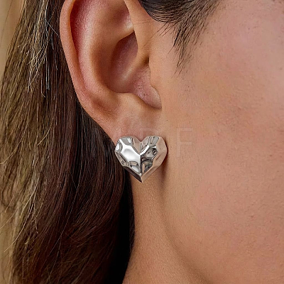 French Vintage Style Stainless Steel Textured Heart Stud Earrings for Women EI9252-2-1