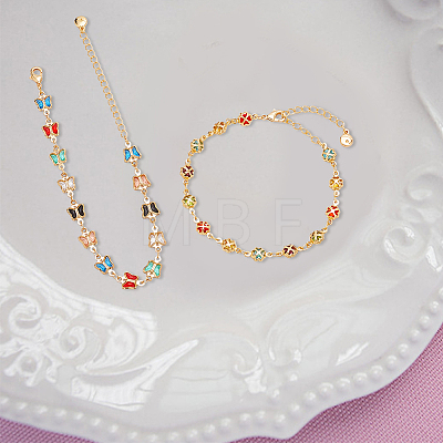 ANATTASOUL 2Pcs 2 Style Colorful Acrylic Butterfly & Clover Link Chain Anklets Set BJEW-AN0001-18-1