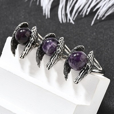 Natural Amethyst Wings Adjustable Rings RJEW-K241-04AS-08-1