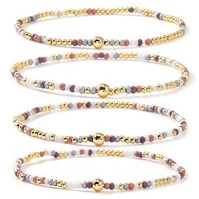 4Pcs Bohemian Glass Seed Bead & Brass Beads Stretch Bracelets for Women DR1565-3-1