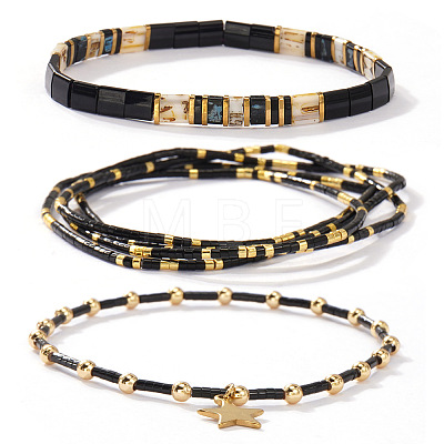 3Pcs 3 Styles Vintage Glass & Brass & Natural Stone Beaded Stretch Bracelet Sets for Women and Girls LF4427-1-1