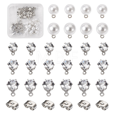  40Pcs 5 Style ABS Plastic Imitation Pearl & Clear Cubic Zirconia Stud Earring Findings EJEW-TA0001-08-1