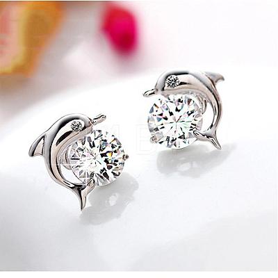 Real Platinum Plated Dolphin Brass Stud Earrings EJEW-EE0001-228-1