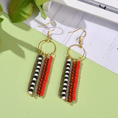 Natural Red Agate & Glass Seed Beaded Tassel Earrings EJEW-JE04805-1