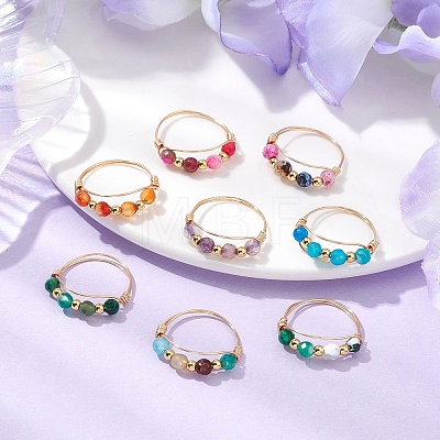 Round Natural Agate Beads Finger Rings RJEW-JR00805-1